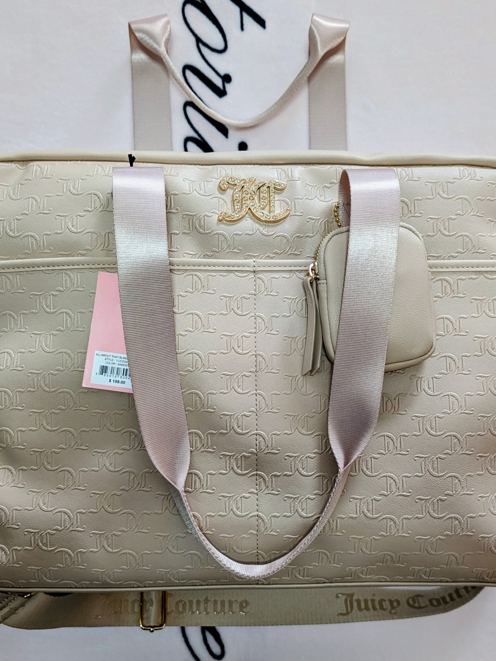 Juicy Couture Blush Beige Logo-Embossed Tote with Satin Straps